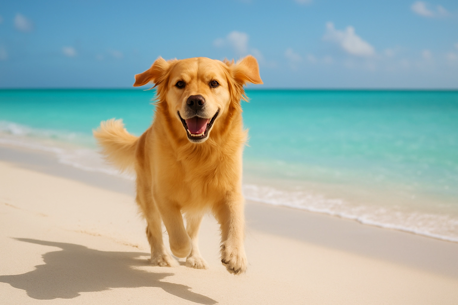 Happy dog running on Puerto Morelos beach